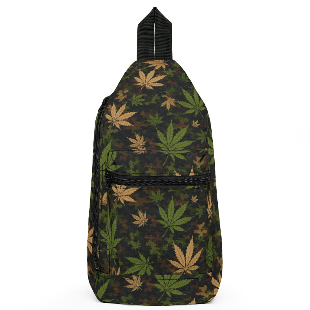 A black sling backpack featuring an all-over pattern of green and tan cannabis leaves, shown against a plain white background.