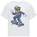 A white short-sleeve crewneck t-shirt featuring a cartoon graphic of a character wearing a blue and white patterned outfit, sunglasses, and a cap while riding a skateboard, displayed on a clean white background.