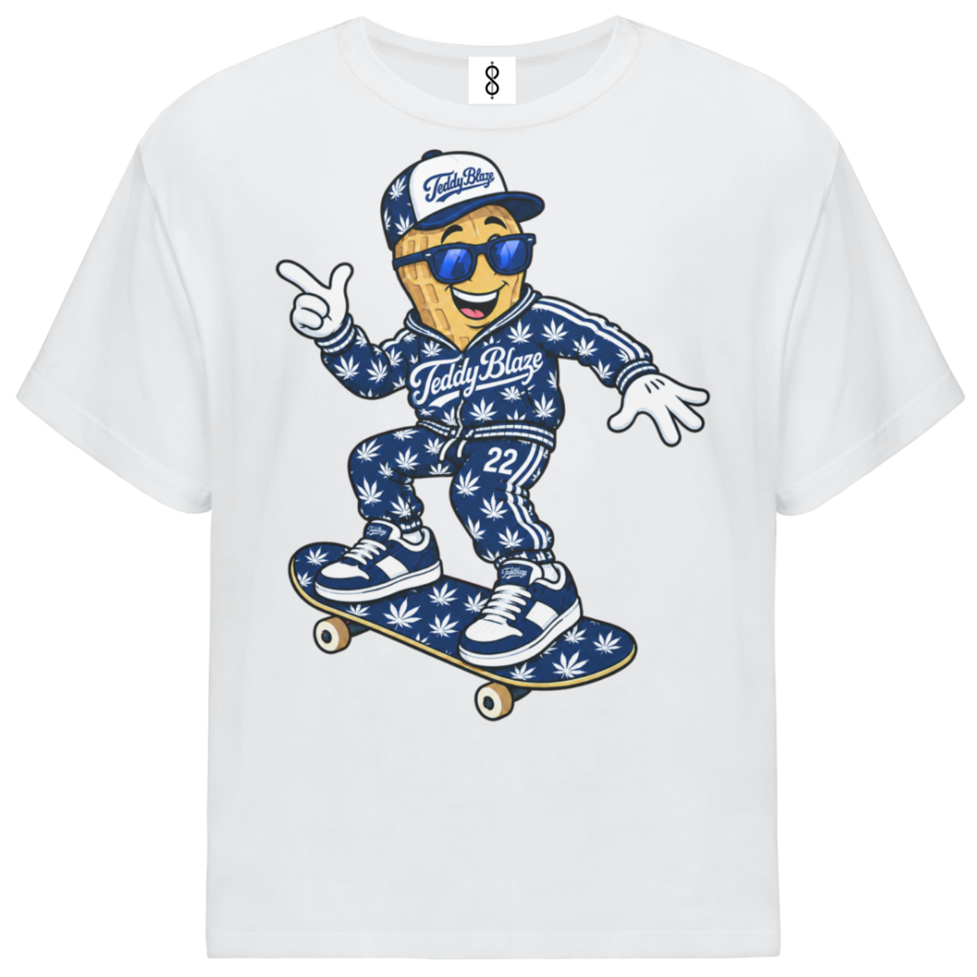 A white short-sleeve crewneck t-shirt featuring a cartoon graphic of a character wearing a blue and white patterned outfit, sunglasses, and a cap while riding a skateboard, displayed on a clean white background.