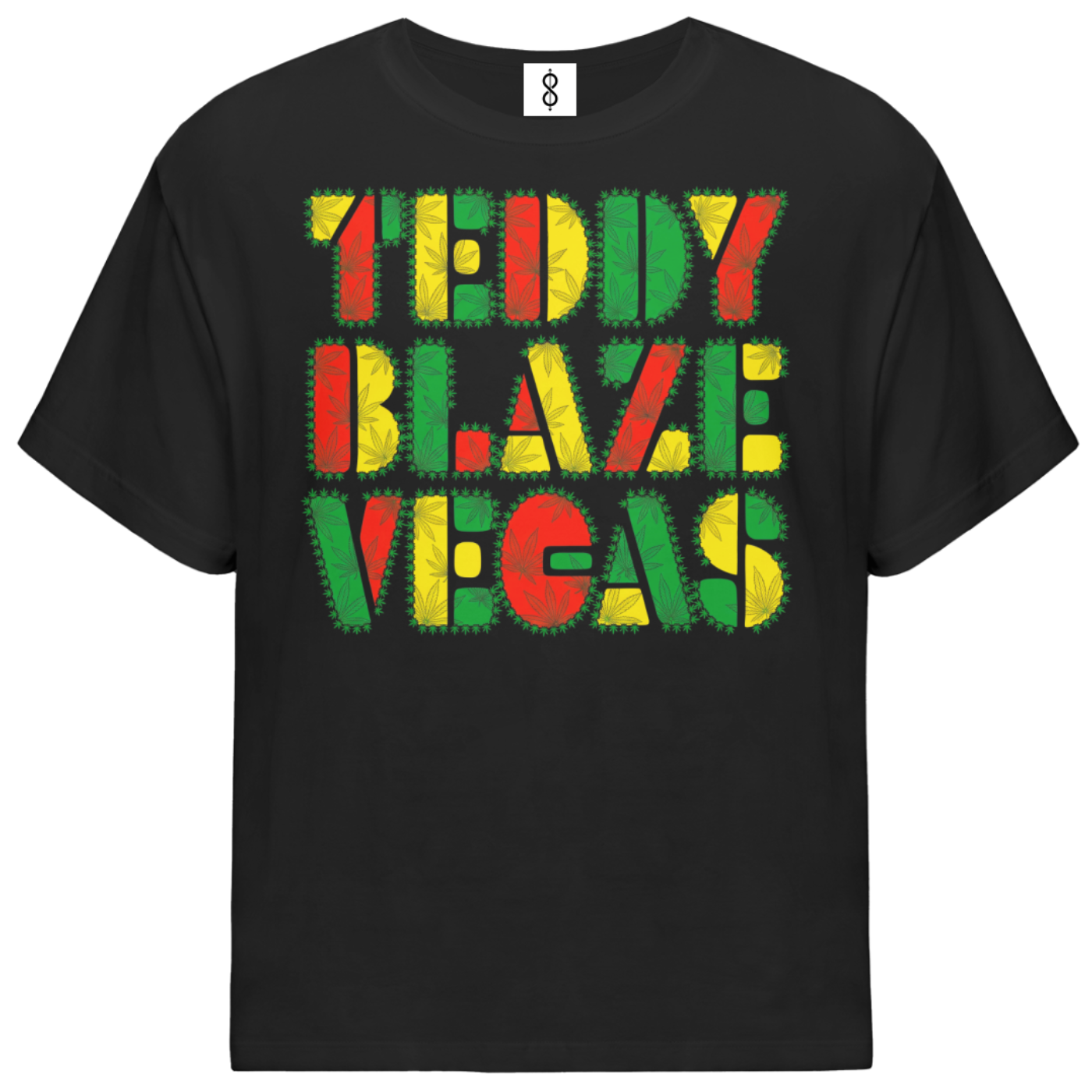 A black short-sleeve t-shirt with a colorful graphic on the chest reading 'TEDDY BLAZE VEGAS' in a distressed, textured font using green, yellow, and red colors, shown against a plain white background.