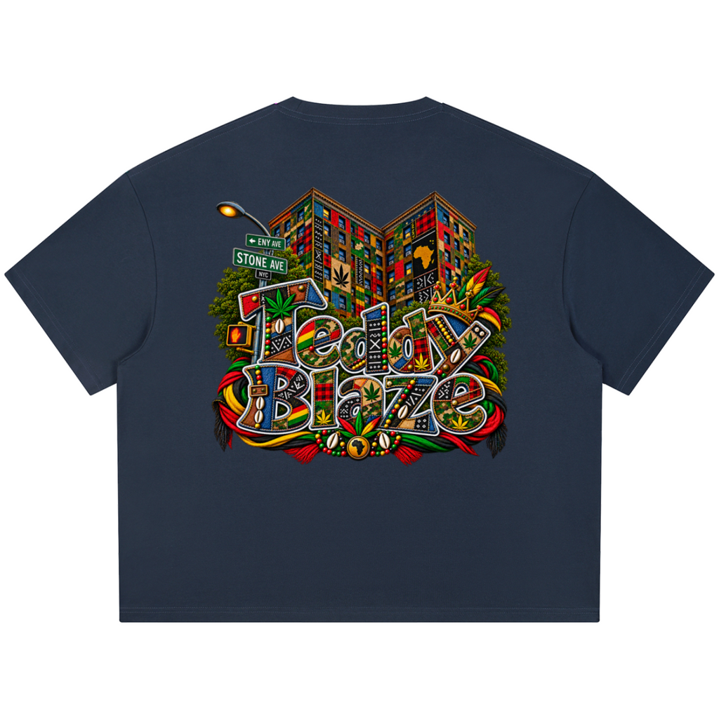 Shop the Teddy Blaze Boho ENY Boxy Coolmax Tee featuring Teddy Blaze Boho, a cotton-Coolmax blend and signature East New York-inspired artwork.