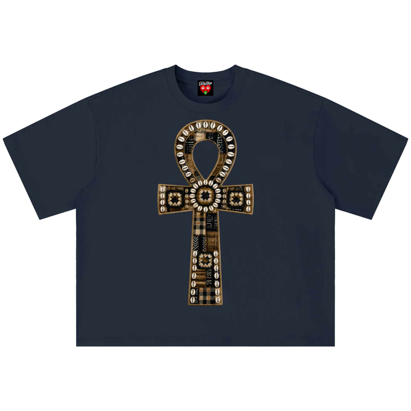 A navy blue short-sleeve t-shirt with a large Egyptian ankh symbol graphic on the chest, featuring gold, beige, and white patterned details, displayed flat against a white background.
