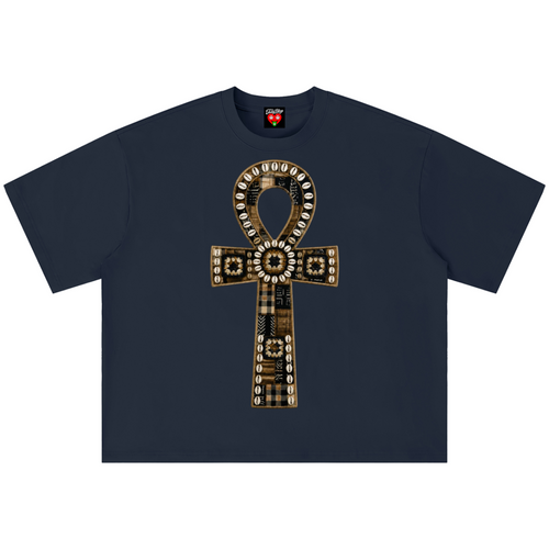 A navy blue short-sleeve t-shirt with a large Egyptian ankh symbol graphic on the chest, featuring gold, beige, and white patterned details, displayed flat against a white background.