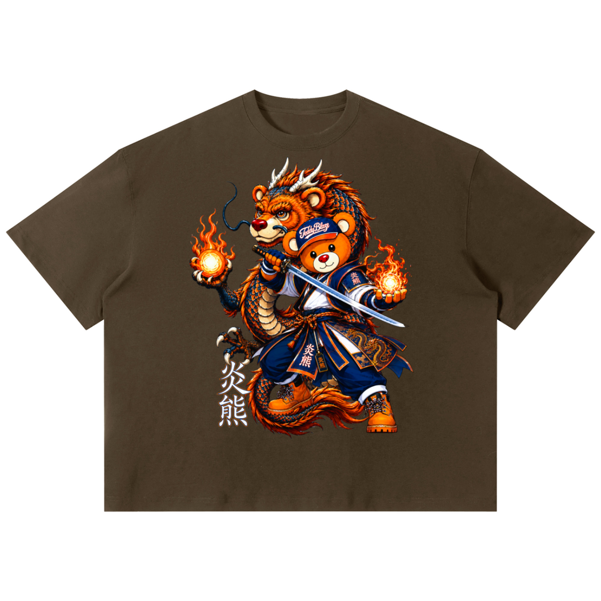 Shop the Team Dragon Boxy Tee by Teddy Blaze. 220 GSM cotton-poly oversized drop-shoulder t-shirt with samurai dragon graphic from TOPS BY TEDDY BLAZE.