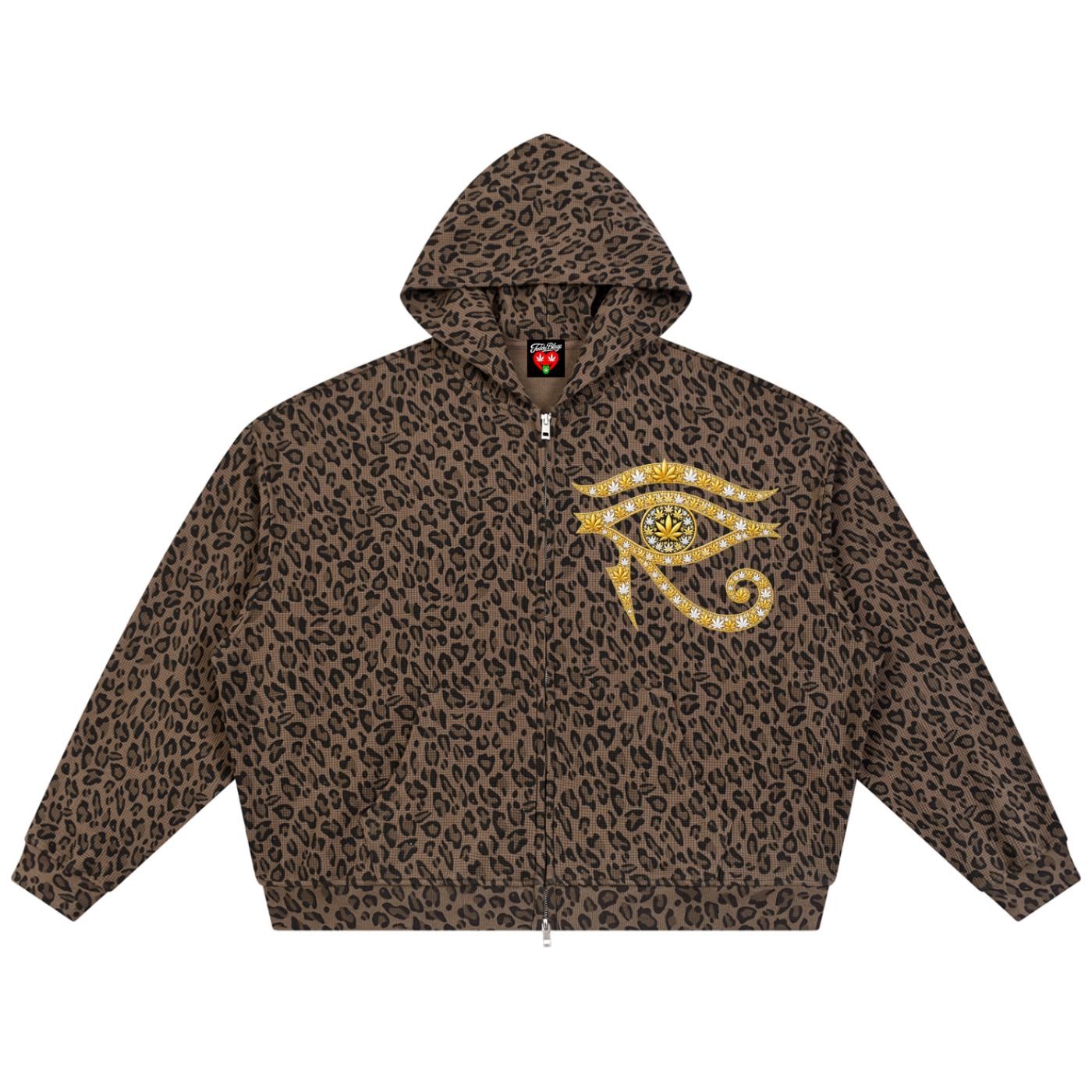 A brown and black leopard print zip-up hoodie featuring a large gold and yellow Eye of Horus graphic on the left chest, displayed against a solid white background.
