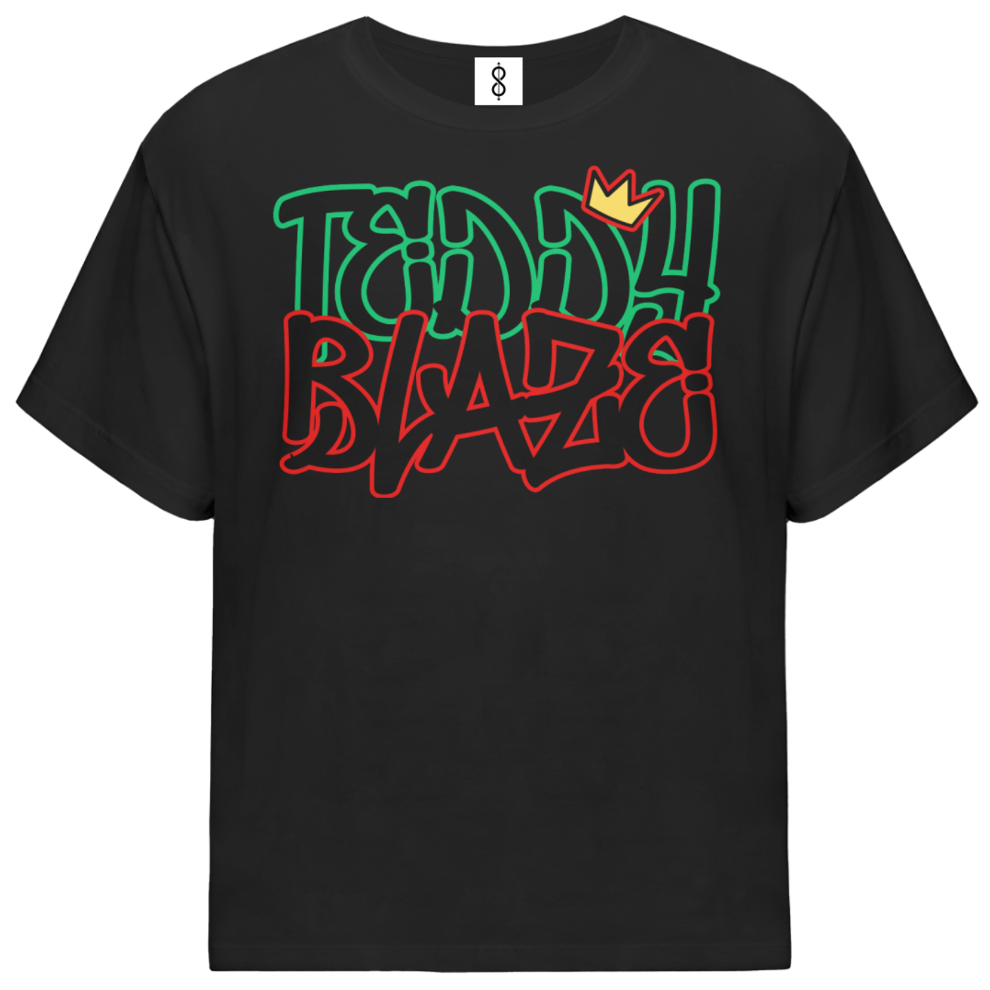 A black short-sleeve t-shirt with a colorful graphic on the chest reading 'TEDDY BLADES' in green and red stylized lettering, with a small yellow crown accent, shown on a plain white background.