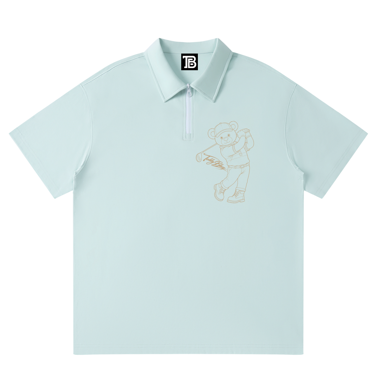Light blue polo shirt with a logo and design on a white background