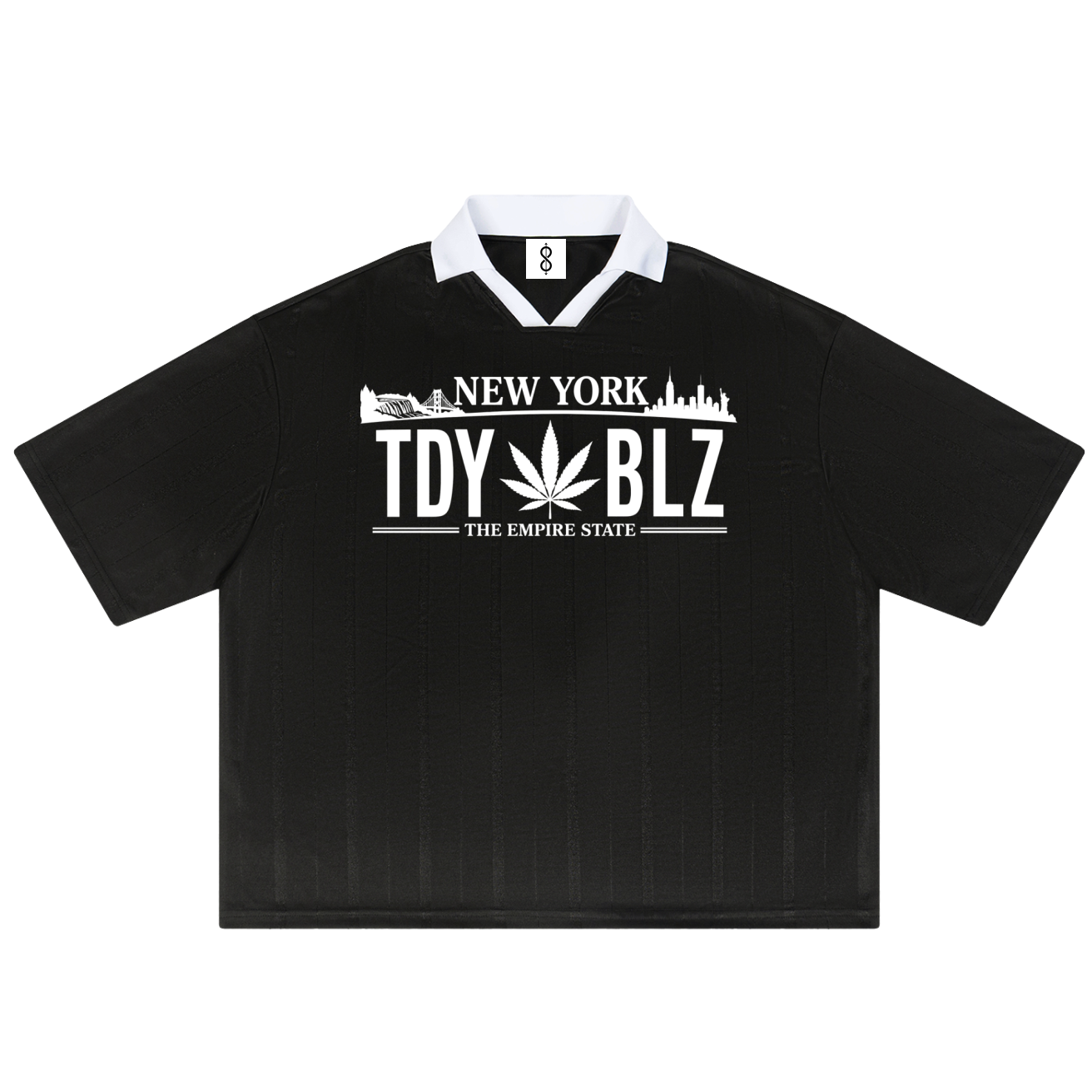 A black short-sleeve polo shirt with a white collar and a white graphic print on the chest reading 'NEW YORK TDY BLZ' with a cannabis leaf and 'THE EMPIRE STATE' underneath.