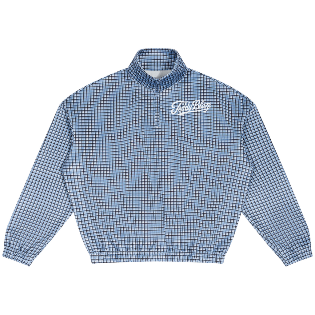 A blue and white gingham check jacket with a mock neck collar and a white script logo on the left chest, displayed flat against a solid white background.
