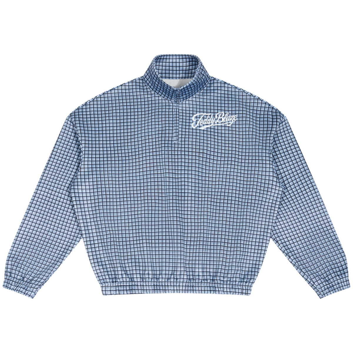 A blue and white gingham check jacket with a mock neck collar and a white script logo on the left chest, displayed flat against a solid white background.