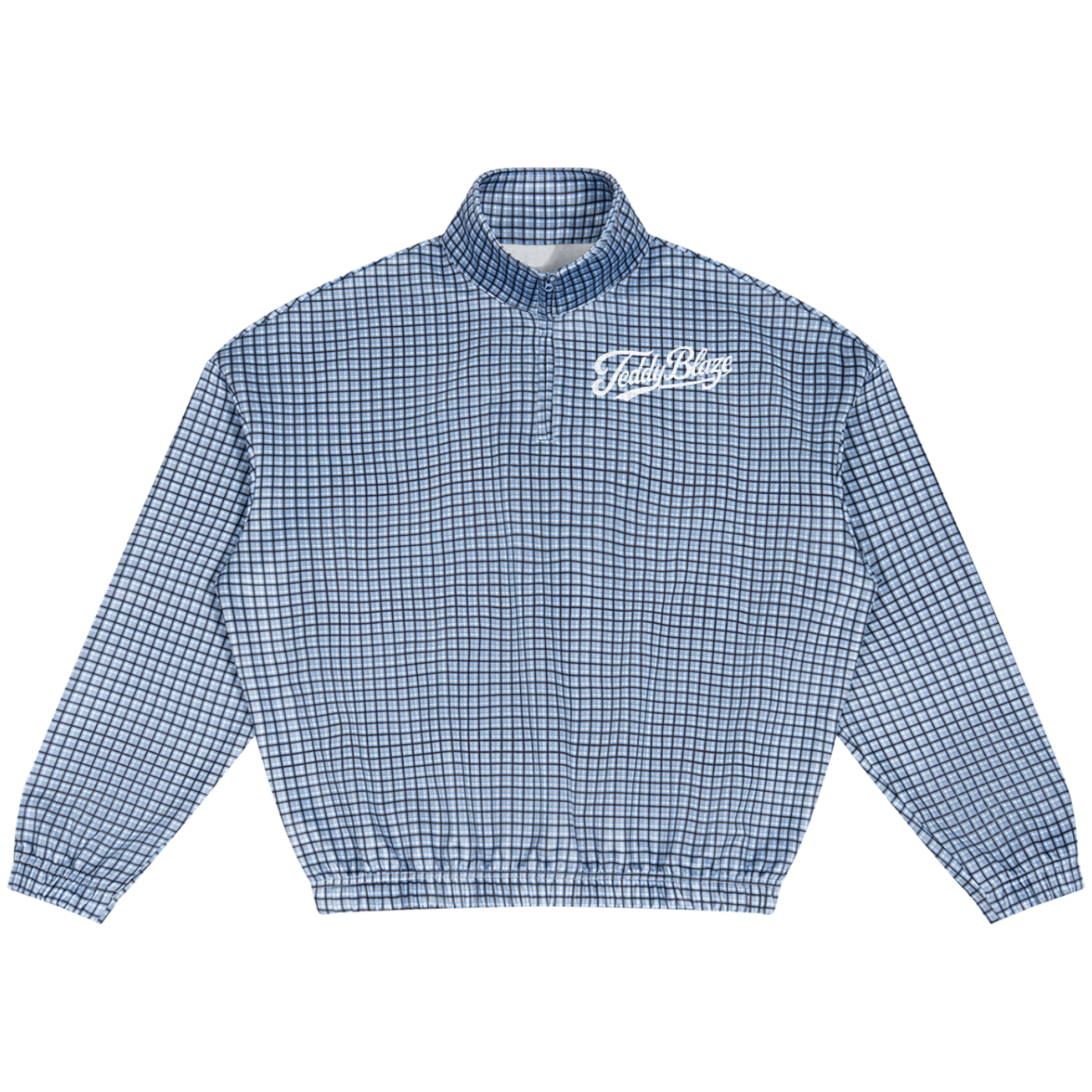 A blue and white gingham check jacket with a mock neck collar and a white script logo on the left chest, displayed flat against a solid white background.