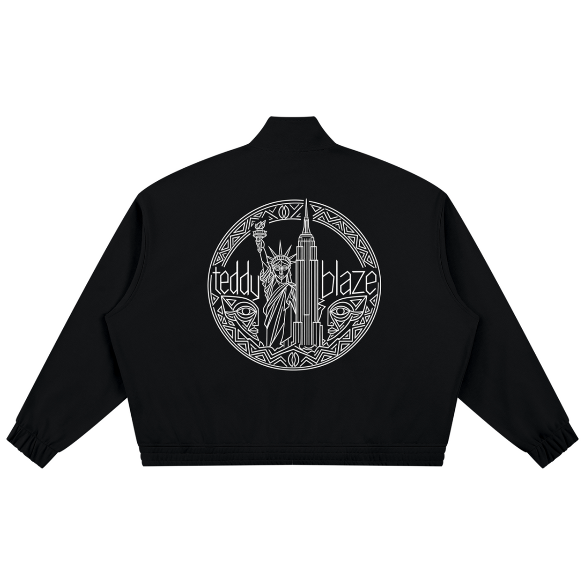 Elevate your outerwear rotation with the House of Teddy Blaze Afro Yorker Striped Sleeve Box Cut Pankou Jacket. Black 350 gsm heavyweight jacket, Pankou knot buttons, athletic sleeve stripes, Afro Yorker chest embroidery, and NYC Statue of Liberty back emblem. Shop NYC to Vegas style.