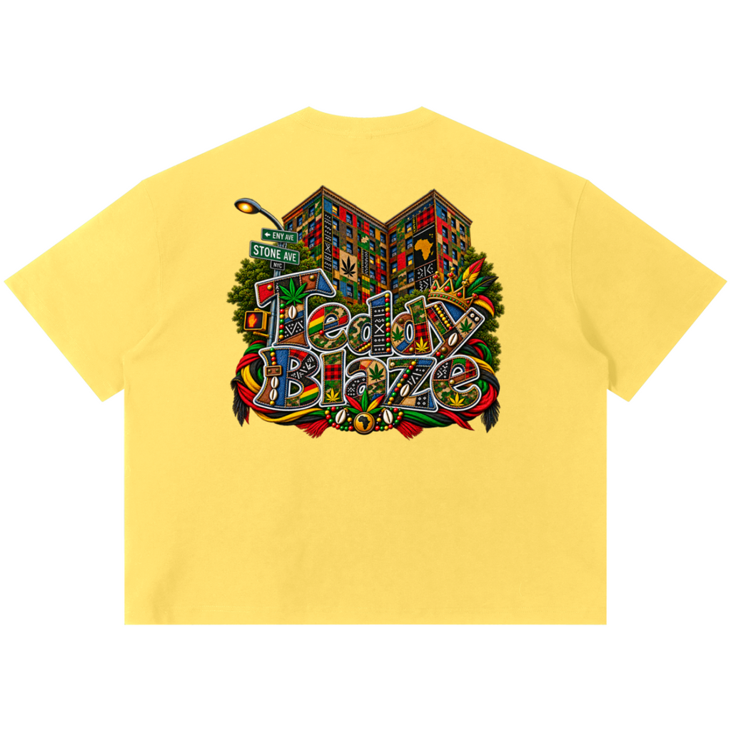 Shop the Teddy Blaze Boho ENY Sorona Boxy Tee, a relaxed unisex graphic tee featuring Teddy Blaze Boho and Brooklyn-inspired ENY artwork.
