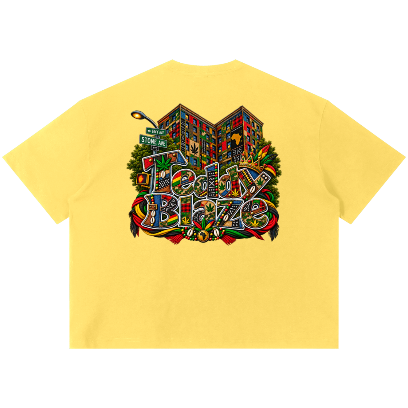 Shop the Teddy Blaze Boho ENY Sorona Boxy Tee, a relaxed unisex graphic tee featuring Teddy Blaze Boho and Brooklyn-inspired ENY artwork.