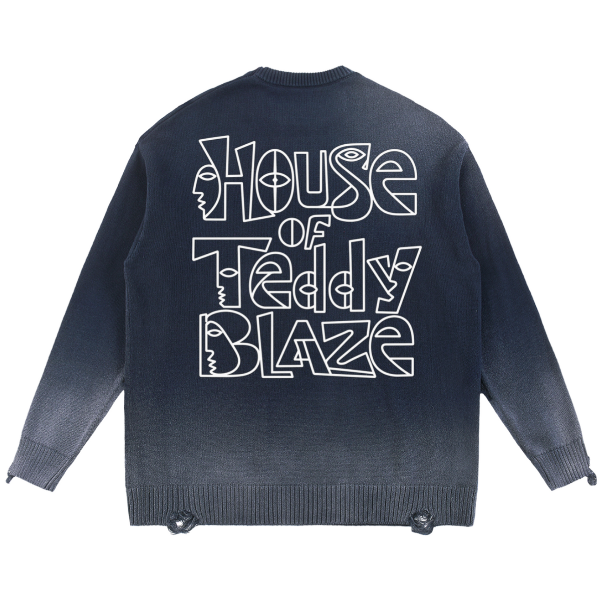 A dark gray to black gradient crewneck sweater shown from the back, featuring a large white graphic text print that reads 'House of Teddy Blaze' in a stylized outline font.