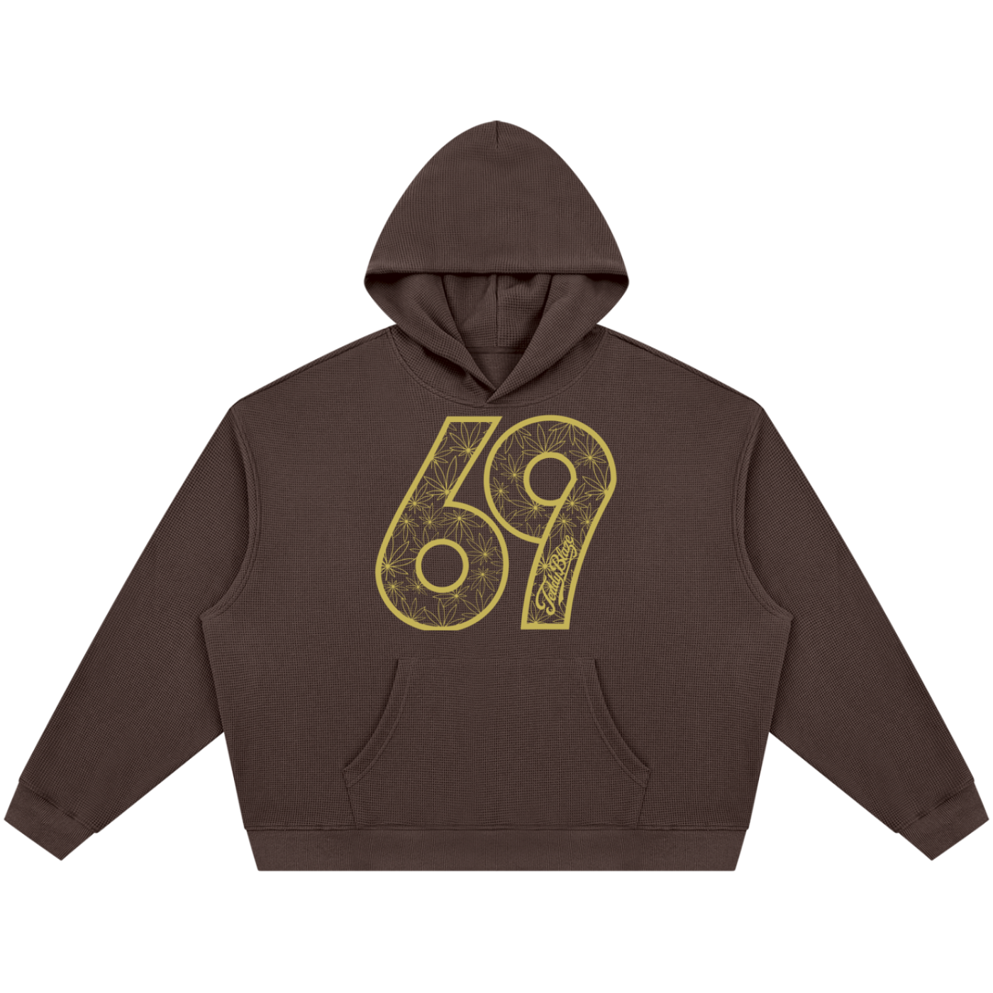 A dark brown cropped hoodie with a large yellow '69' graphic printed on the chest, featuring a detailed mandala pattern inside the numbers.