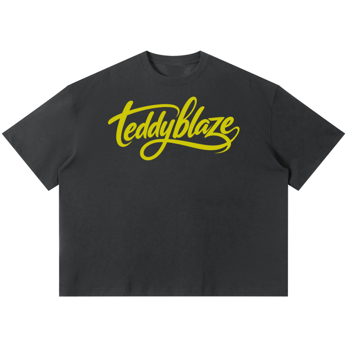Shop the Signature Boxy Tee by Teddy Blaze. 220 GSM cotton-poly oversized drop-shoulder t-shirt with yellow script logo from TOPS BY TEDDY BLAZE.