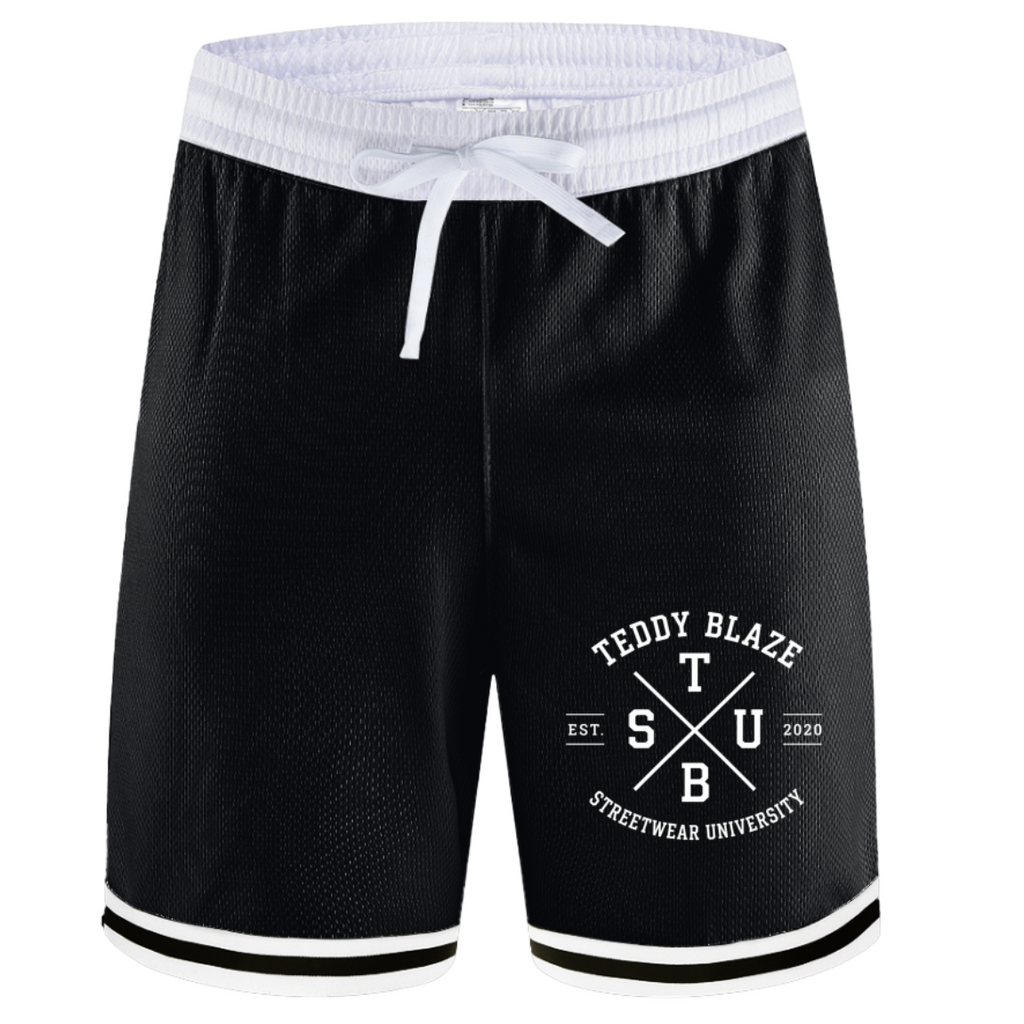 Black athletic shorts with a white elastic waistband, white drawstring, and white printed 'Teddy Blaze' logo on the left leg, shown against a plain white background.