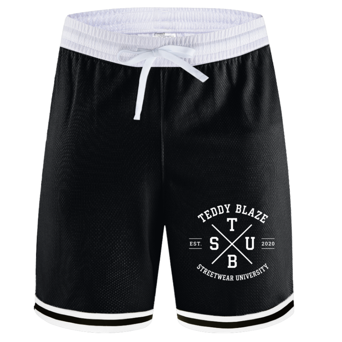 Black athletic shorts with a white elastic waistband, white drawstring, and white printed 'Teddy Blaze' logo on the left leg, shown against a plain white background.