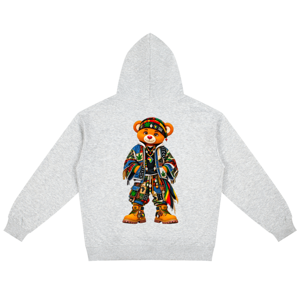 Shop the Signature Bearatoo Hooded Jumper by Teddy Blaze, a unisex graphic hoodie blending AfroBohemian character, Afrocentric pattern and streetwear.
