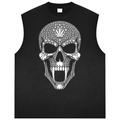 A black sleeveless tank top featuring a large, detailed white skull graphic embellished with rhinestones, set against a plain white background.