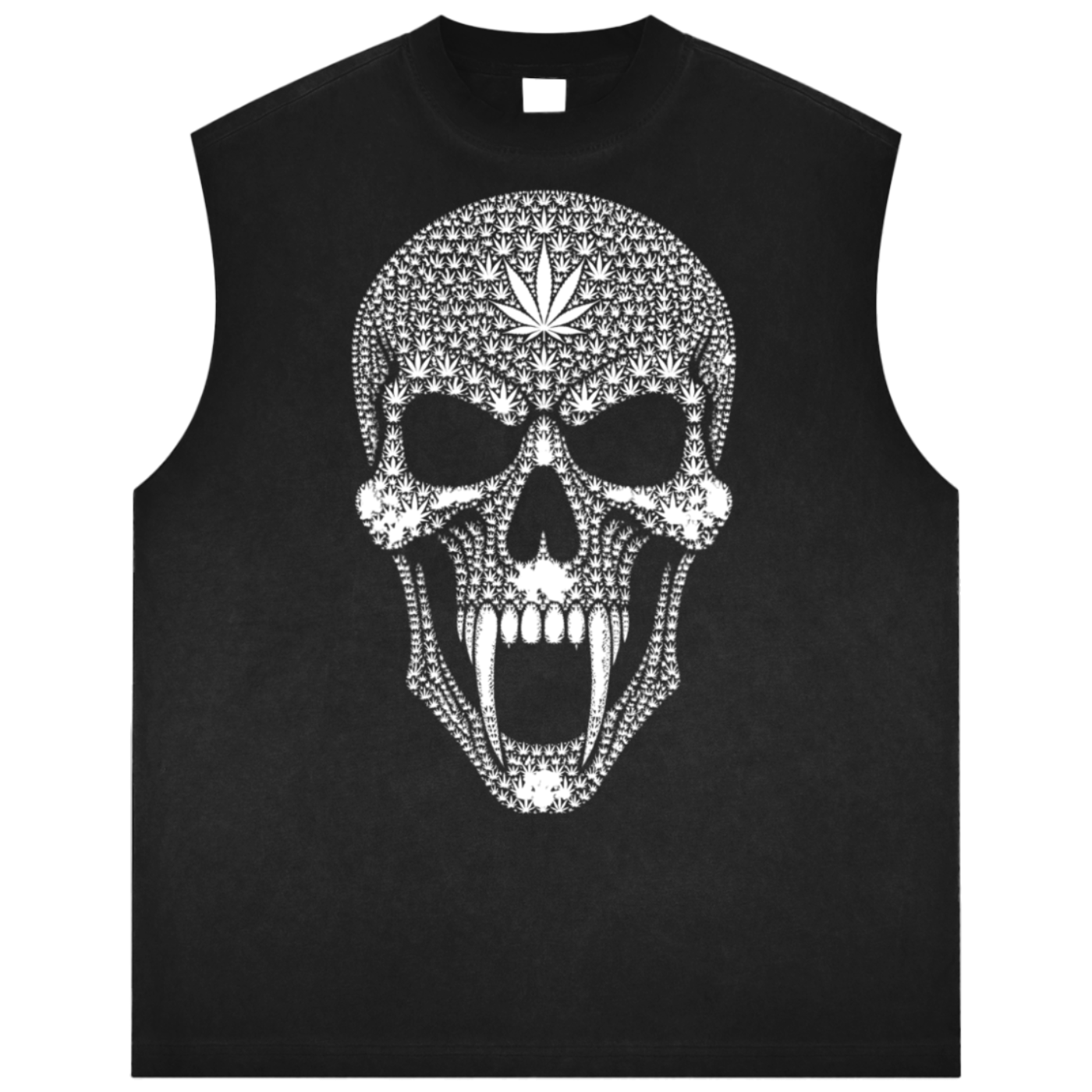 A black sleeveless tank top featuring a large, detailed white skull graphic embellished with rhinestones, set against a plain white background.