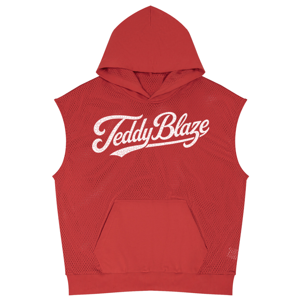 A red sleeveless mesh hoodie with a white 'Teddy Blaze' script logo across the chest, displayed on a solid white background.