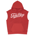 A red sleeveless mesh hoodie with a white 'Teddy Blaze' script logo across the chest, displayed on a solid white background.