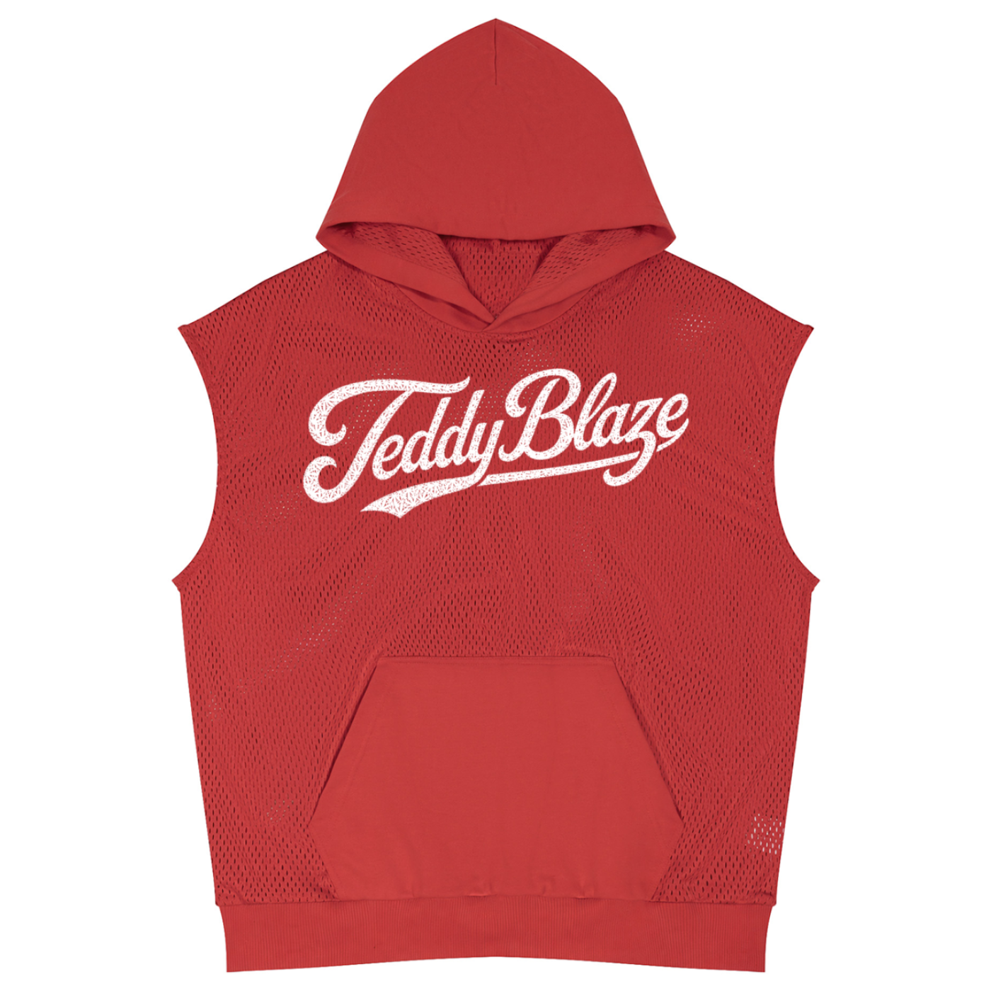 A red sleeveless mesh hoodie with a white 'Teddy Blaze' script logo across the chest, displayed on a solid white background.