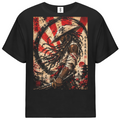 A black short-sleeve t-shirt with a large rectangular graphic print on the front, featuring a Japanese-style samurai illustration with red, black, and beige tones.