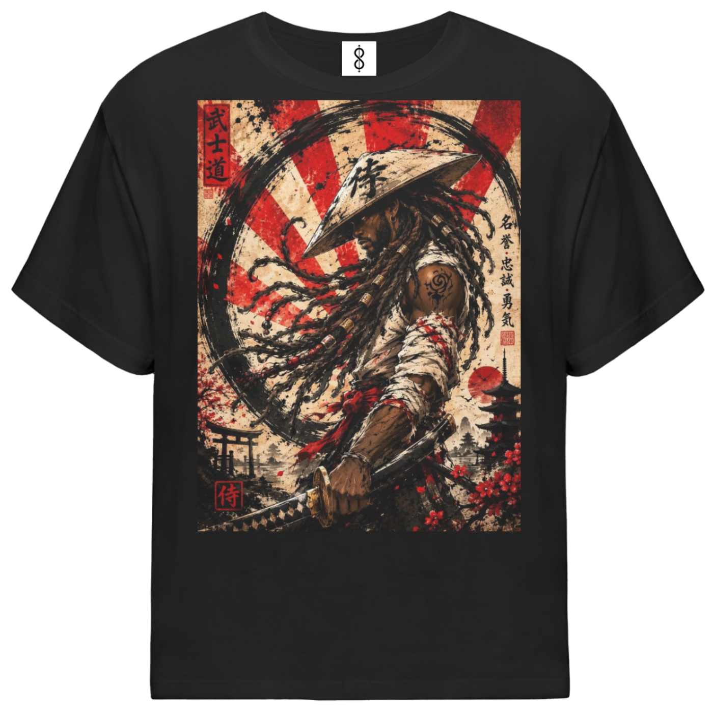 A black short-sleeve t-shirt with a large rectangular graphic print on the front, featuring a Japanese-style samurai illustration with red, black, and beige tones.