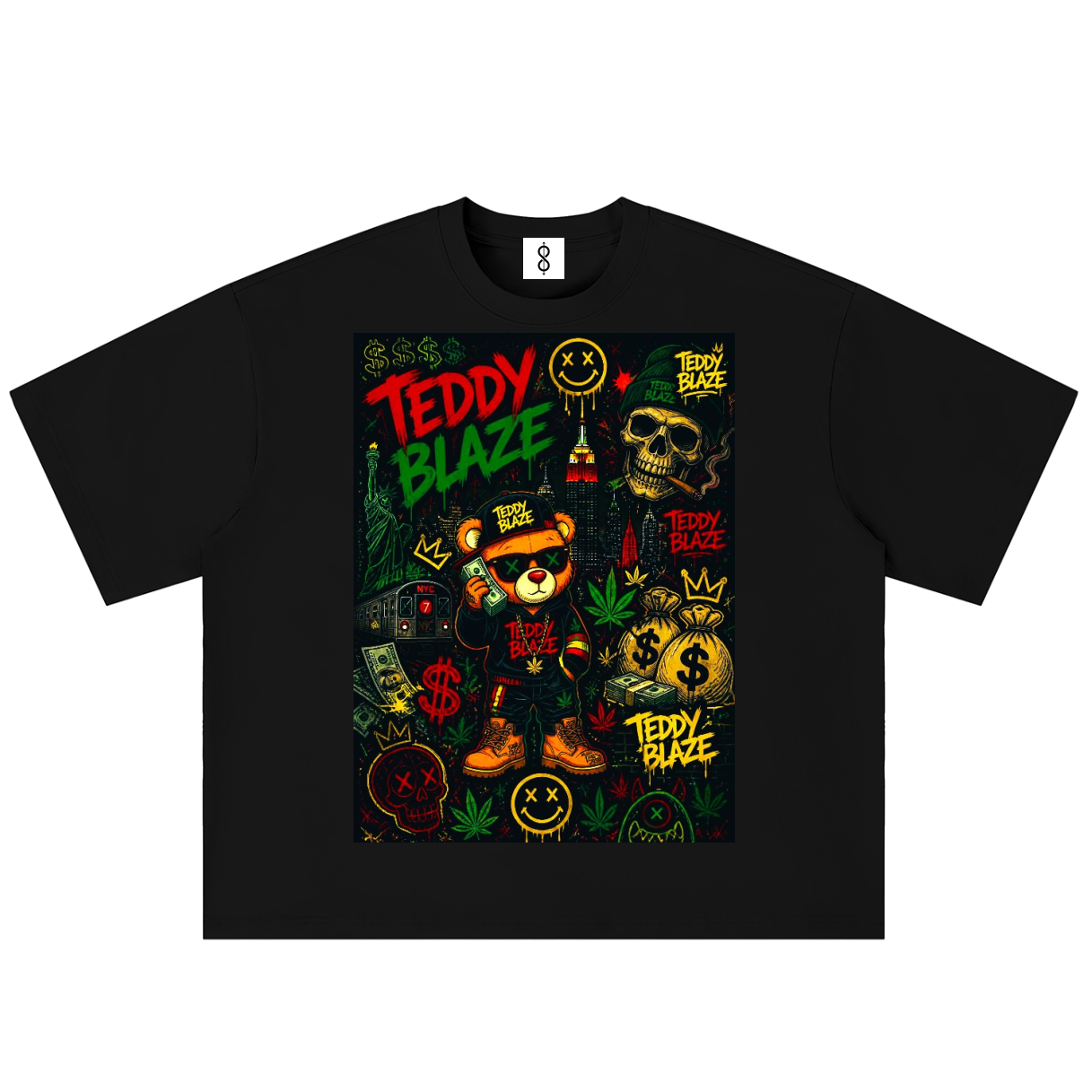 A black short-sleeve t-shirt with a large, colorful 'Teddy Blaze' graphic print on the front, featuring a teddy bear, skulls, money bags, and cannabis leaves on a white background.