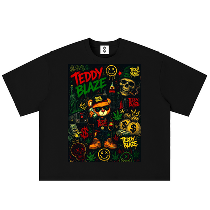 A black short-sleeve t-shirt with a large, colorful 'Teddy Blaze' graphic print on the front, featuring a teddy bear, skulls, money bags, and cannabis leaves on a white background.