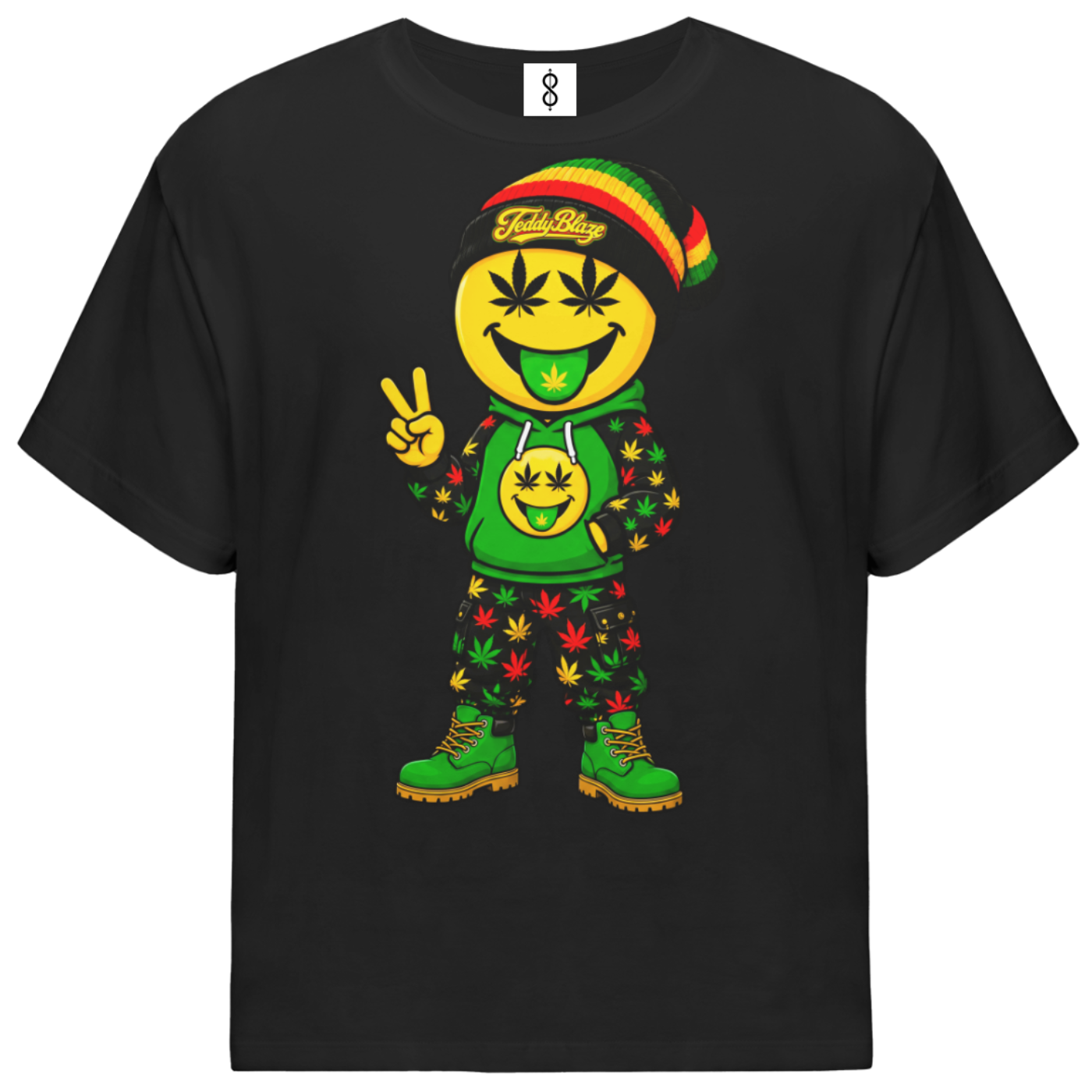 A black short-sleeve crewneck t-shirt featuring a large graphic print of a Rasta-themed smiley face character wearing a green hoodie, patterned pants, and a Rasta hat, making a peace sign.