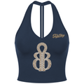 A navy blue halter crop top featuring a large, ornate gold and silver graphic on the front and a gold 'FettyBlaze' logo on the left chest, displayed on a clean white background.