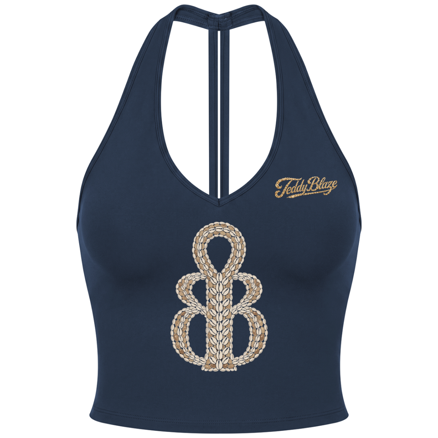 A navy blue halter crop top featuring a large, ornate gold and silver graphic on the front and a gold 'FettyBlaze' logo on the left chest, displayed on a clean white background.