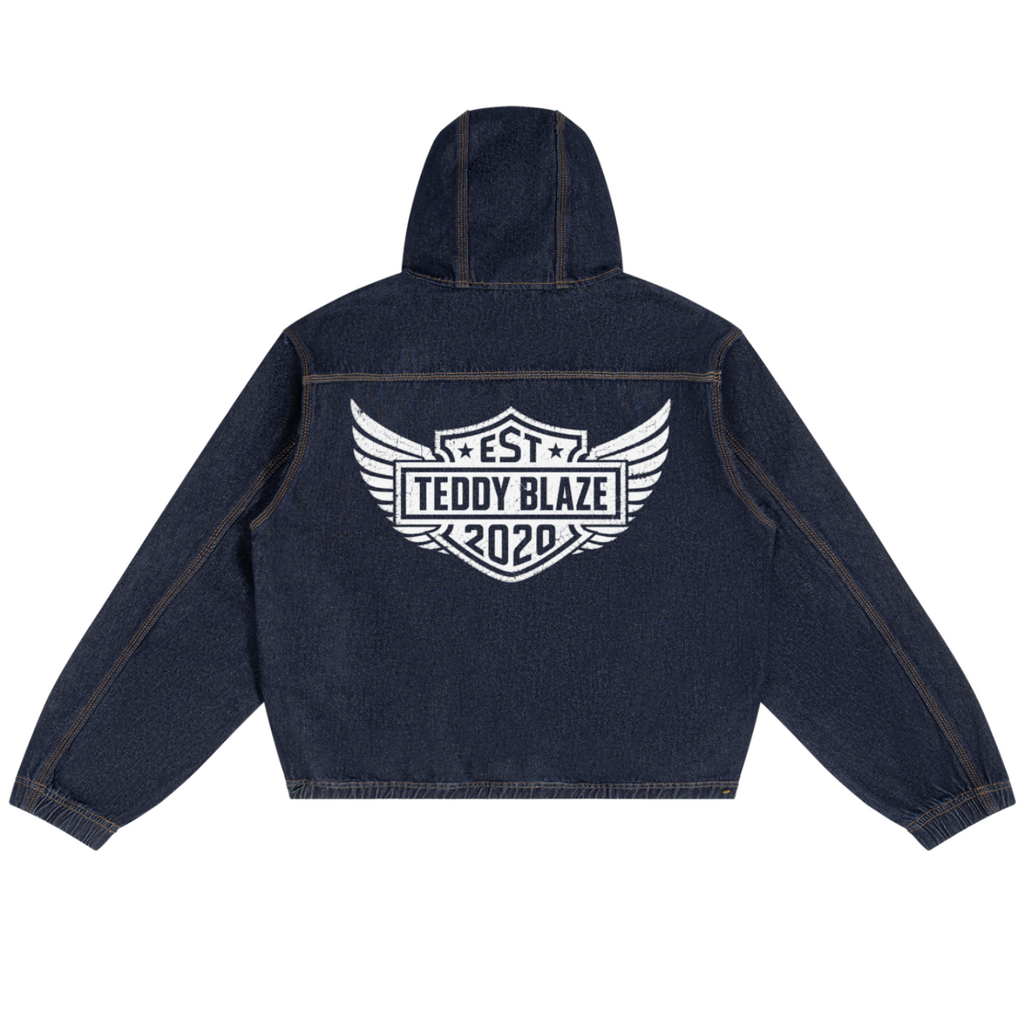 Shop the Freedom Crest Trucker Hoodie by Teddy Blaze. Heavyweight 425 gsm denim zip hoodie featuring the DaCruz cross chest embroidery and Freedom winged back crest.
