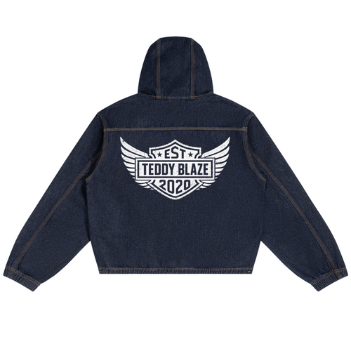 Shop the Freedom Crest Trucker Hoodie by Teddy Blaze. Heavyweight 425 gsm denim zip hoodie featuring the DaCruz cross chest embroidery and Freedom winged back crest.
