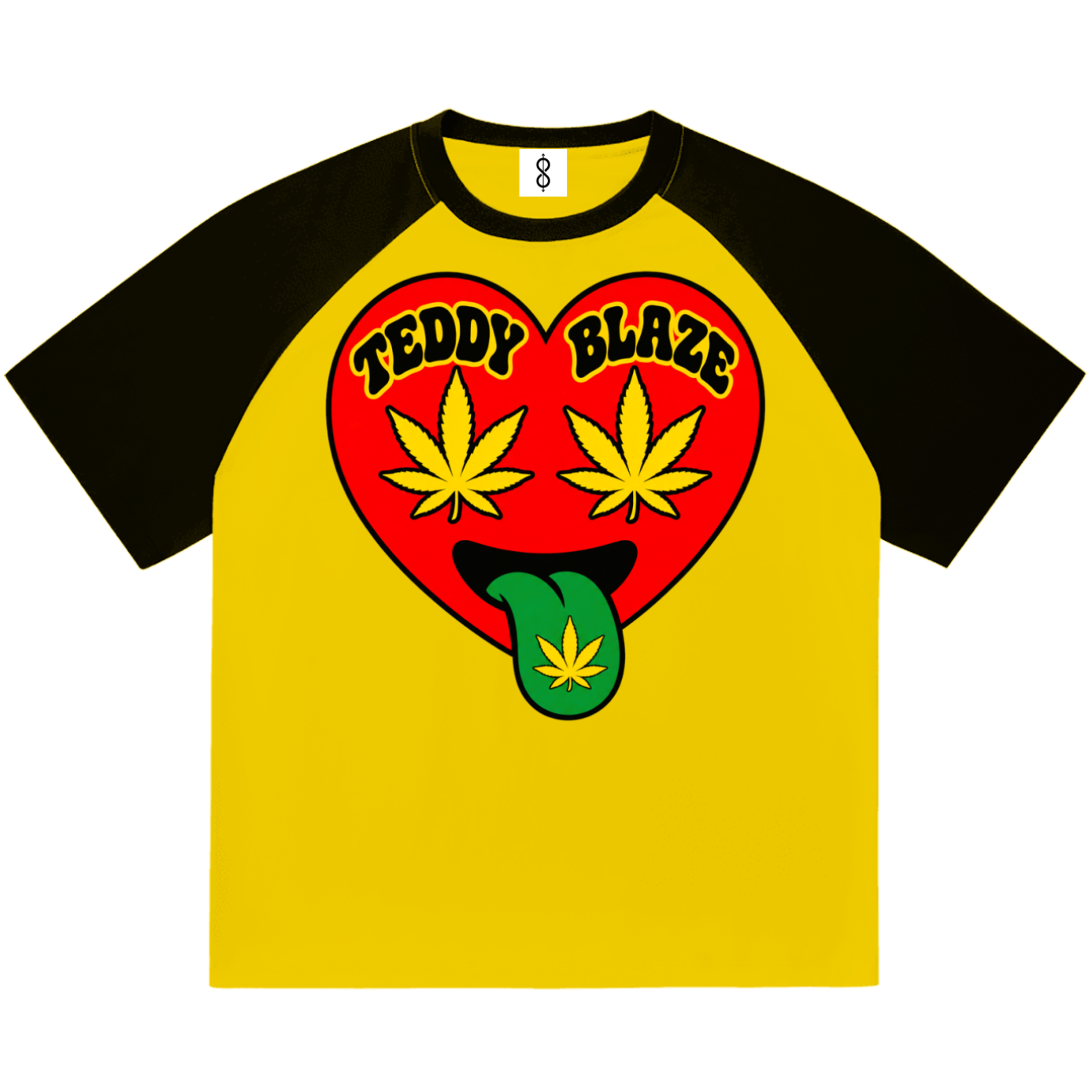 A raglan-style t-shirt with a bright yellow body and black sleeves, featuring a large red heart graphic on the chest with the words 'TEDDY BLAZE' and two yellow cannabis leaves as eyes, with a green tongue sticking out.