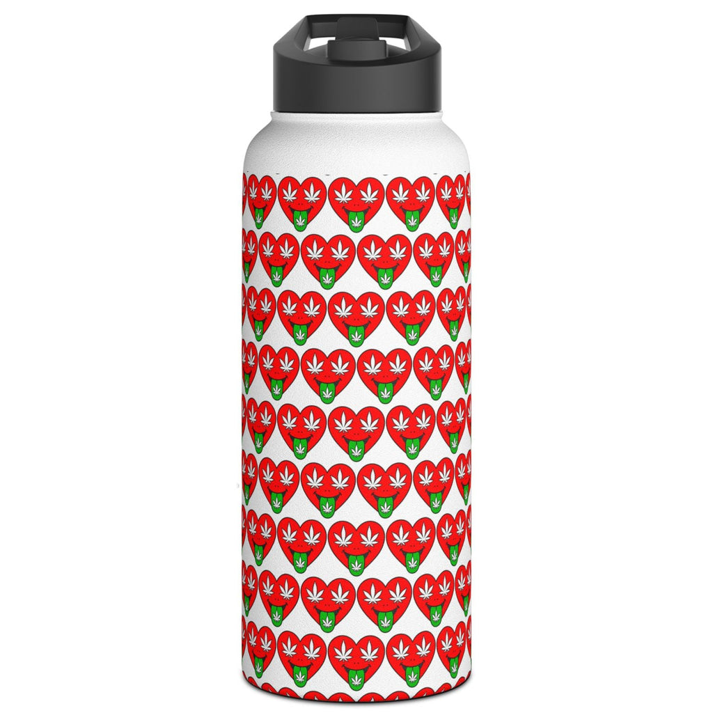 A reusable insulated bottle with a white body covered in a repeating pattern of red hearts with green stems, and a black flip-top lid, shown on a plain white background.