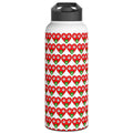 A reusable insulated bottle with a white body covered in a repeating pattern of red hearts with green stems, and a black flip-top lid, shown on a plain white background.