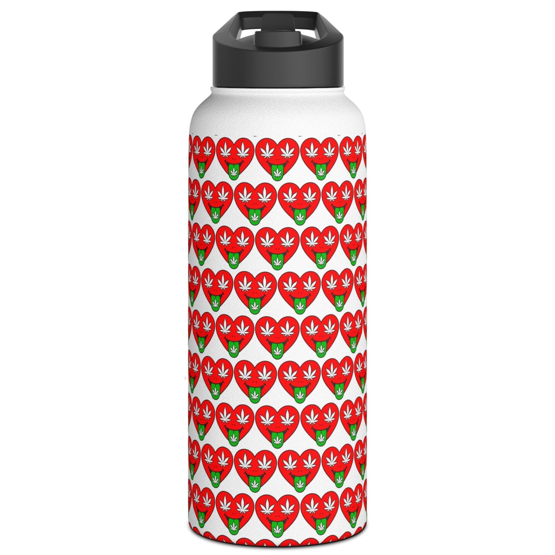 A reusable insulated bottle with a white body covered in a repeating pattern of red hearts with green stems, and a black flip-top lid, shown on a plain white background.