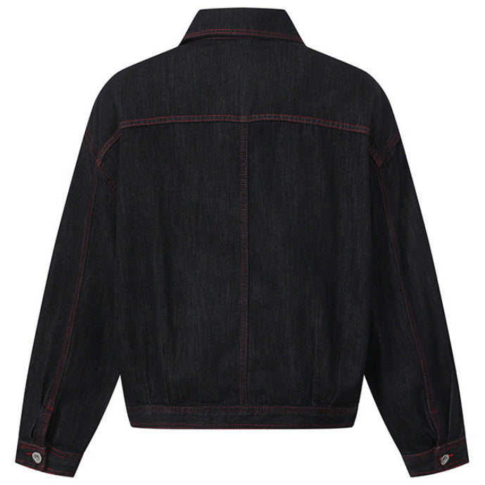 Shop the Contrast Stitch Washed Denim Workwear Jacket by Teddy Blaze. Oversized black denim jacket featuring red topstitching and zipper chest pockets.