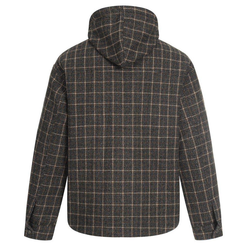 Elevate your cold-weather layering with the House of Teddy Blaze Padded Plaid Hooded Shirt Jacket. Dark brown plaid polyester shell, insulated fill, drawstring hood, and dual chest snap pockets. Shop NYC to Vegas style.