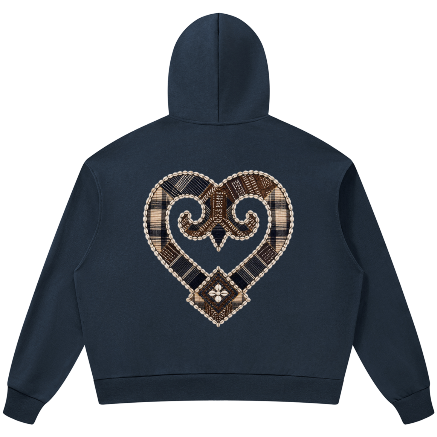 A navy blue cropped hoodie shown from the back, featuring a large heart-shaped patchwork graphic in brown, beige, and white on the center back.
