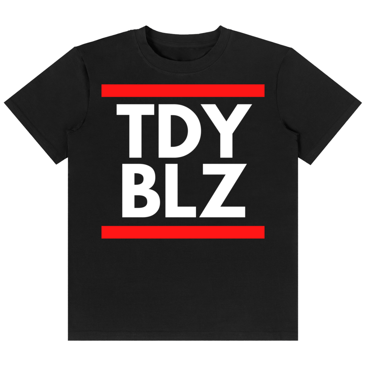A black short-sleeve crewneck t-shirt with a bold graphic on the chest reading 'TDY BLZ' in white block letters, framed by two horizontal red lines, shown on a plain white background.