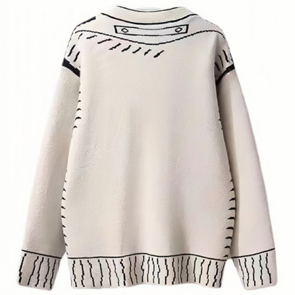 Shop the Iron + Ivy Sketch Graphic Oversized Knit Cardigan by Teddy Blaze. Off-white wool-blend V-neck cardigan featuring trompe-l'œil hand-drawn contrast embroidery details.