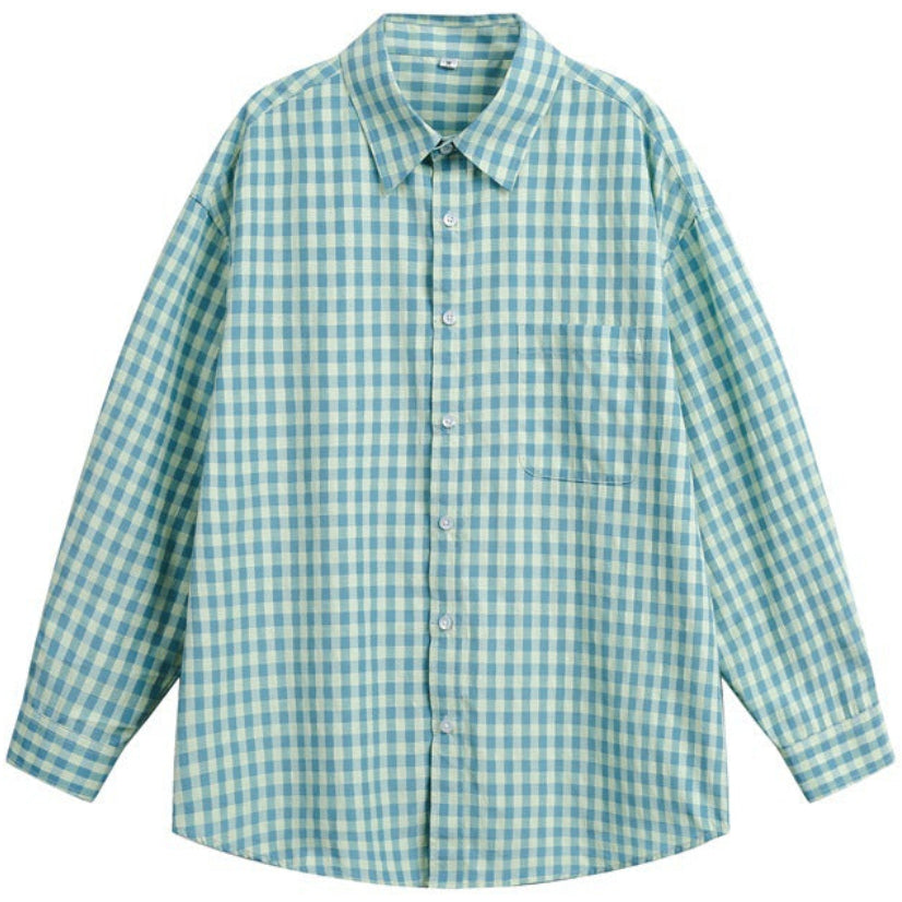 Shop the Iron + Ivy Gingham Check Oversized Shirt by Teddy Blaze. Lightweight sky blue and mint green gingham check button-down shirt with drop-shoulder fit.