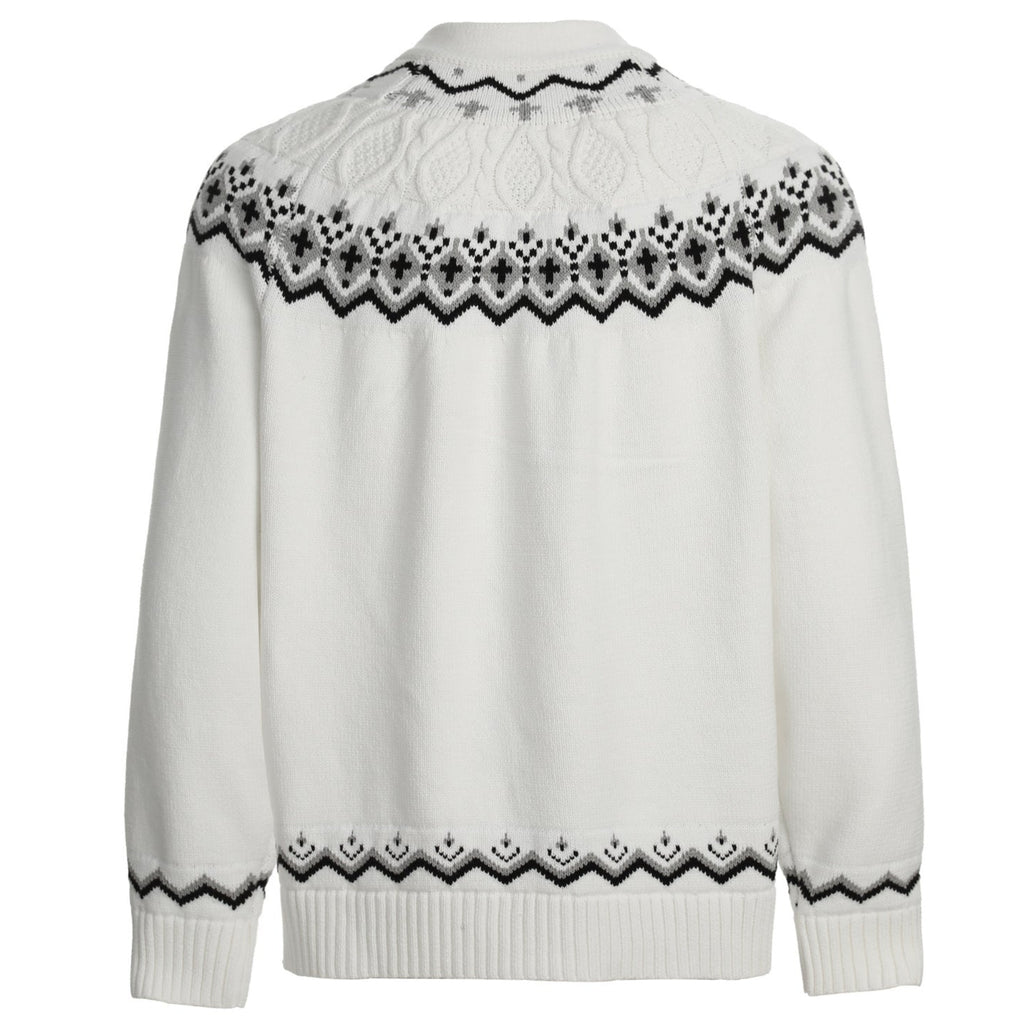 Shop the Iron + Ivy Nordic Fair Isle Zip Knit Sweater by Teddy Blaze. Pristine white full-zip cardigan sweater featuring a black Nordic geometric yoke knit pattern.