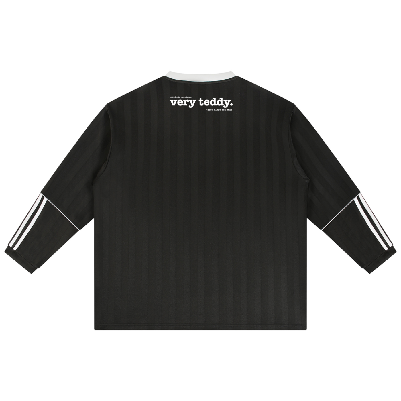 Tonal black jacquard soccer jersey with contrast V-neck, striped sleeves and Teddy Blaze Afrodemia Americana artwork. A refined Afrocentric athletic-prep statement.
